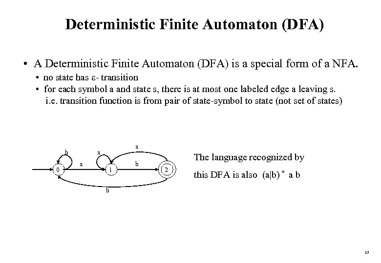 Deterministic Finite Automaton (DFA) • A Deterministic Finite Automaton (DFA) is a special form