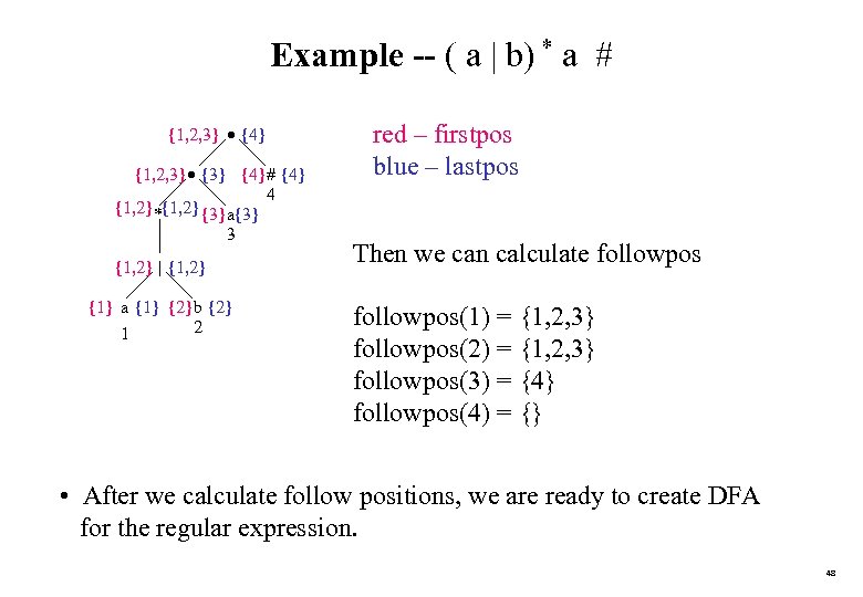 Example -- ( a | b) * a # {1, 2, 3} {4} {1,