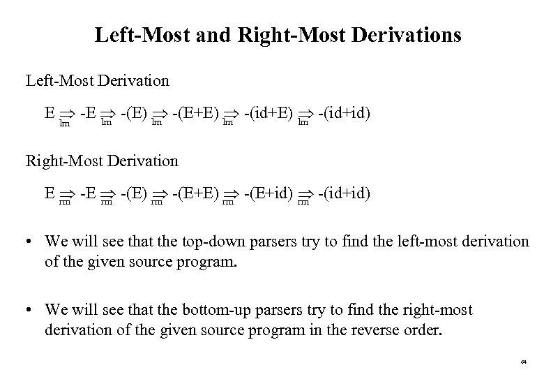 Left-Most and Right-Most Derivations Left-Most Derivation E -(E) lm -(E+E) lm -(id+E) -(id+id) lm