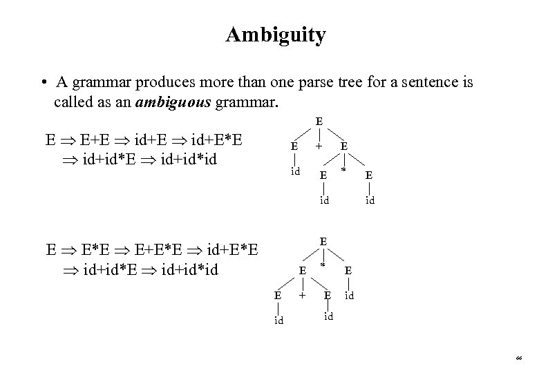 Ambiguity • A grammar produces more than one parse tree for a sentence is