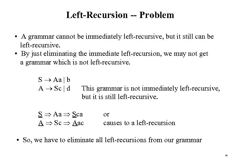 Left-Recursion -- Problem • A grammar cannot be immediately left-recursive, but it still can