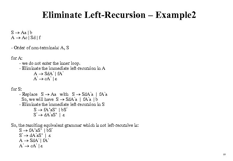 Eliminate Left-Recursion – Example 2 S Aa | b A Ac | Sd |