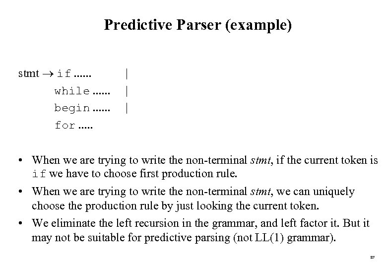 Predictive Parser (example) stmt if. . . while. . . begin. . . for.