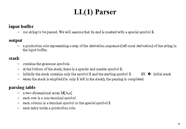 LL(1) Parser input buffer – our string to be parsed. We will assume that