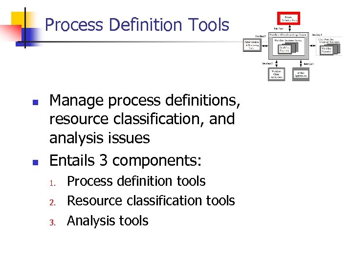 Process Definition Tools n n Manage process definitions, resource classification, and analysis issues Entails