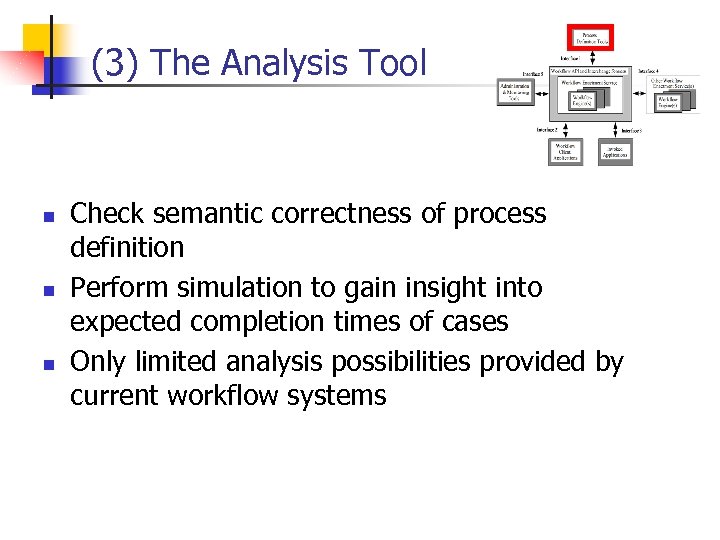 (3) The Analysis Tool n n n Check semantic correctness of process definition Perform