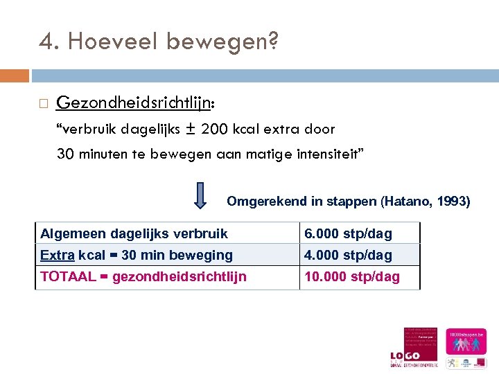 4. Hoeveel bewegen? Gezondheidsrichtlijn: “verbruik dagelijks ± 200 kcal extra door 30 minuten te