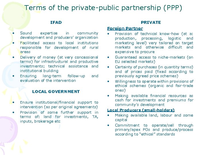 Terms of the private-public partnership (PPP) IFAD • • Sound expertise in community development