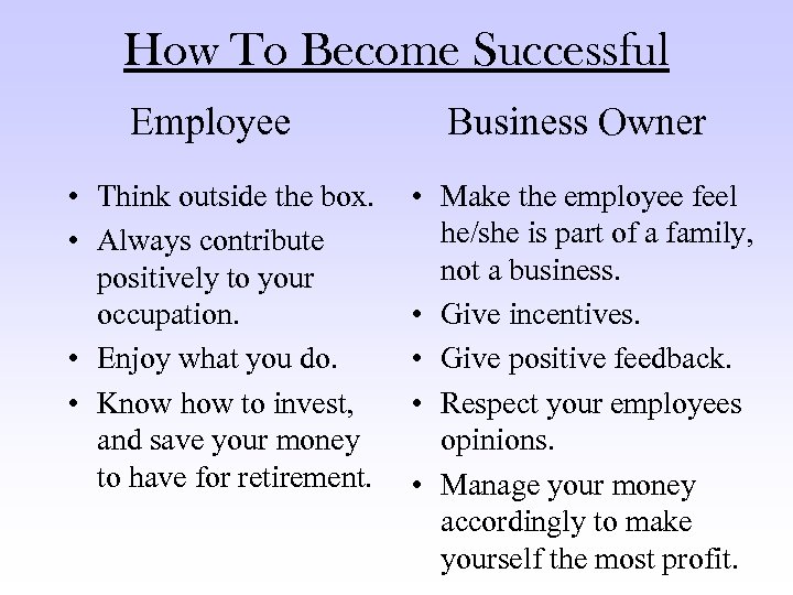 How To Become Successful Employee • Think outside the box. • Always contribute positively