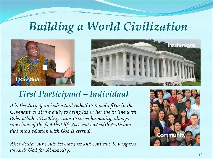 Building a World Civilization Institutions Individual First Participant – Individual It is the duty