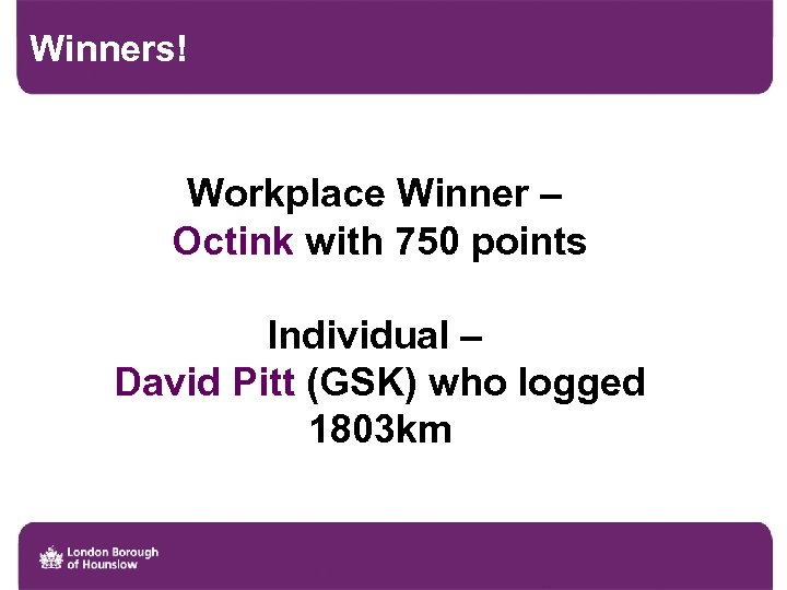 Winners! Workplace Winner – Octink with 750 points Individual – David Pitt (GSK) who