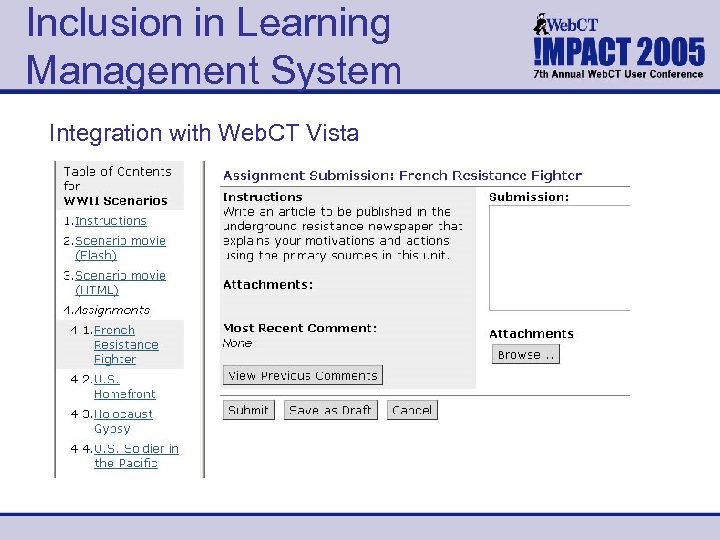 Inclusion in Learning Management System Integration with Web. CT Vista 