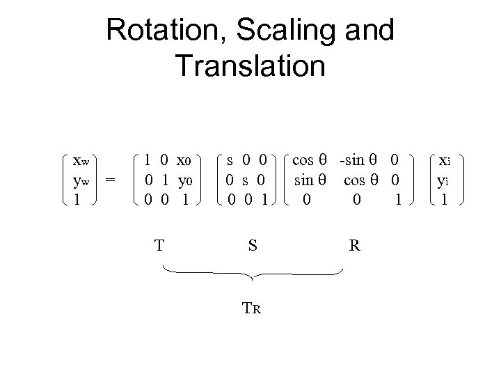 Rotation, Scaling and Translation xw yw 1 = 1 0 x 0 0 1