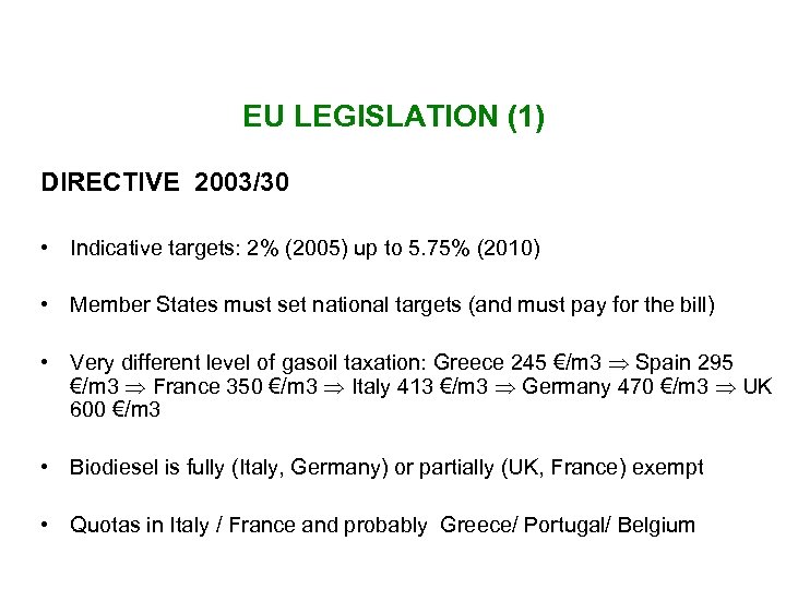 EU LEGISLATION (1) DIRECTIVE 2003/30 • Indicative targets: 2% (2005) up to 5. 75%