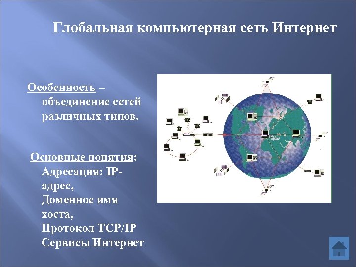 Глобальная компьютерная сеть Интернет Особенность – объединение сетей различных типов. Основные понятия: Адресация: IPадрес,