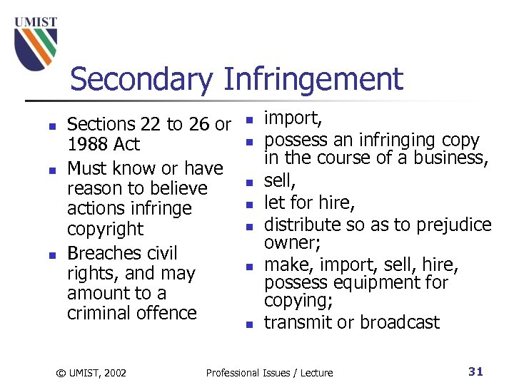 Secondary Infringement n n n Sections 22 to 26 or 1988 Act Must know