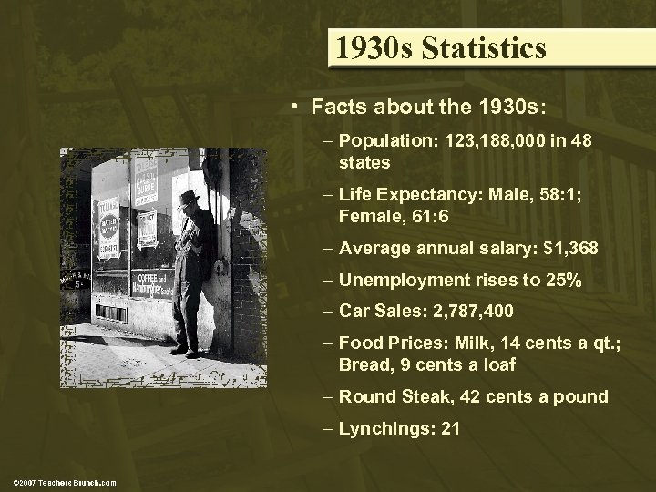 1930 s Statistics • Facts about the 1930 s: – Population: 123, 188, 000