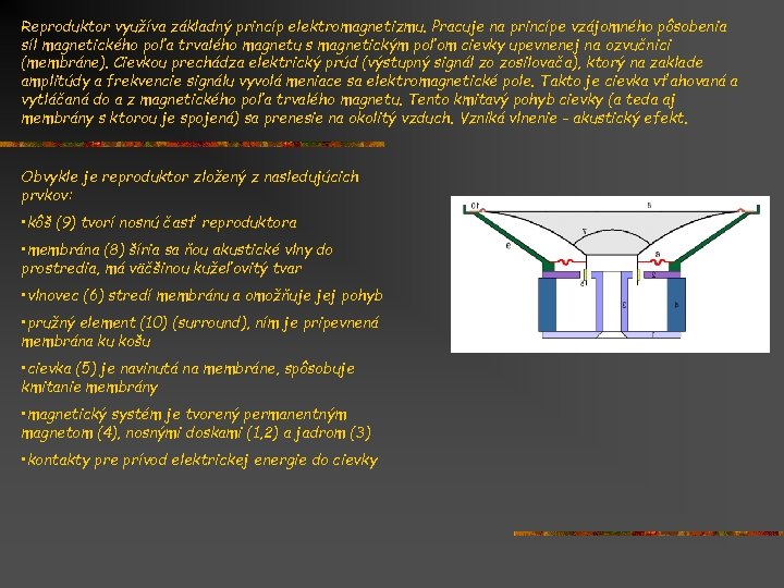 Reproduktor využíva základný princíp elektromagnetizmu. Pracuje na princípe vzájomného pôsobenia síl magnetického poľa trvalého