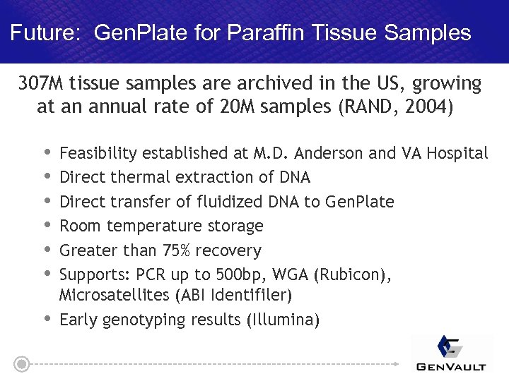 Future: Gen. Plate for Paraffin Tissue Samples 307 M tissue samples are archived in