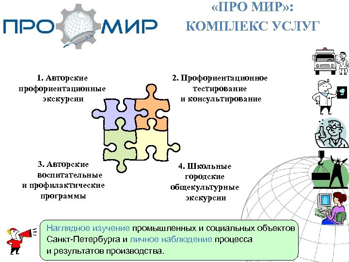  «ПРО МИР» : КОМПЛЕКС УСЛУГ 1. Авторские профориентационные экскурсии 3. Авторские воспитательные и