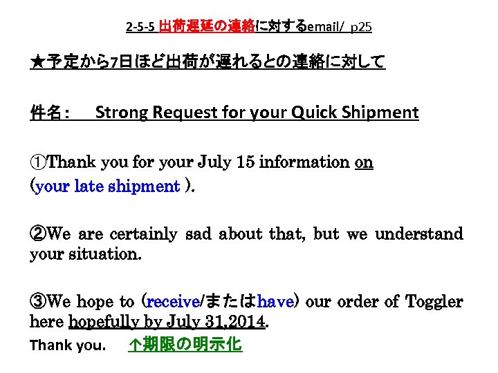 2 -5 -5 出荷遅延の連絡に対するemail/ p 25 ★予定から7日ほど出荷が遅れるとの連絡に対して 件名：　　Strong Request for your Quick Shipment ①Thank