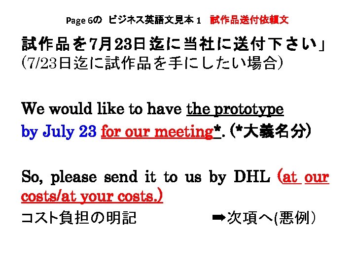 Page 6の　ビジネス英語文見本 1 　試作品送付依頼文 試作品を 7月23日迄に当社に送付下さい」 (7/23日迄に試作品を手にしたい場合) We would like to have the prototype