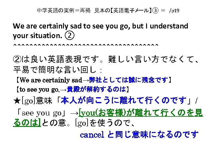 中学英語の実例＝再掲　見本の【英語電子メール】③ ＝　/p 19 We are certainly sad to see you go, but I understand