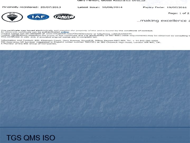 TGS Singapore – Reliable Working Partner TGS QMS ISO 