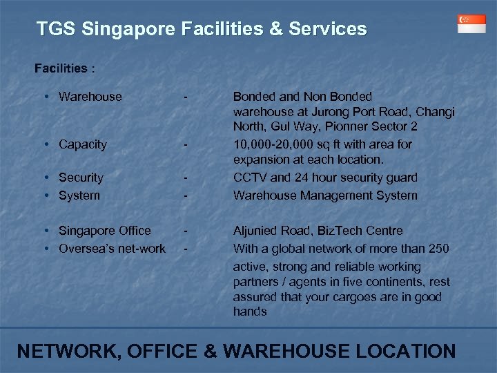 TGS Singapore Facilities & Services Facilities : • Warehouse - • Capacity - •