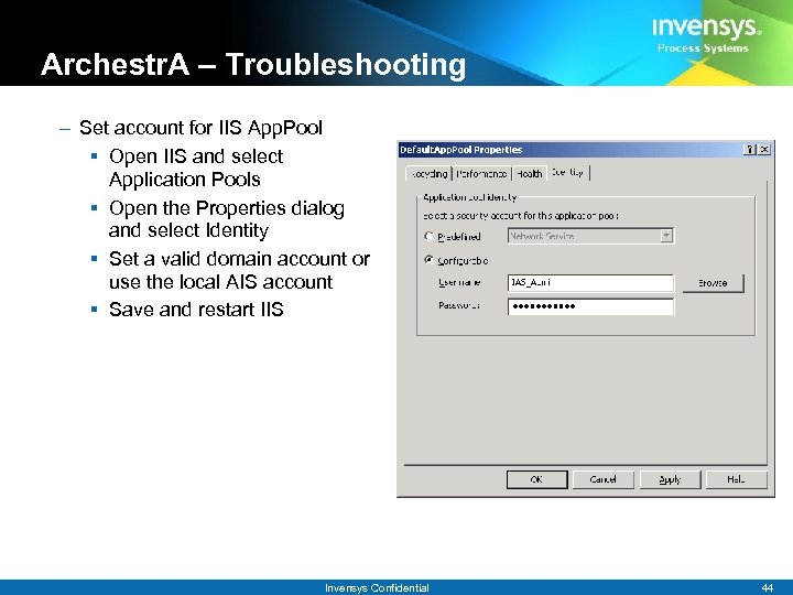 Archestr. A – Troubleshooting – Set account for IIS App. Pool § Open IIS