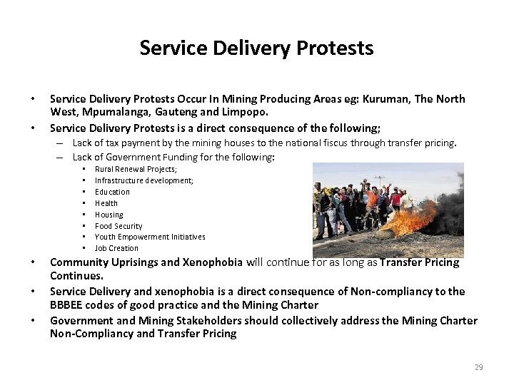 Service Delivery Protests • • Service Delivery Protests Occur In Mining Producing Areas eg:
