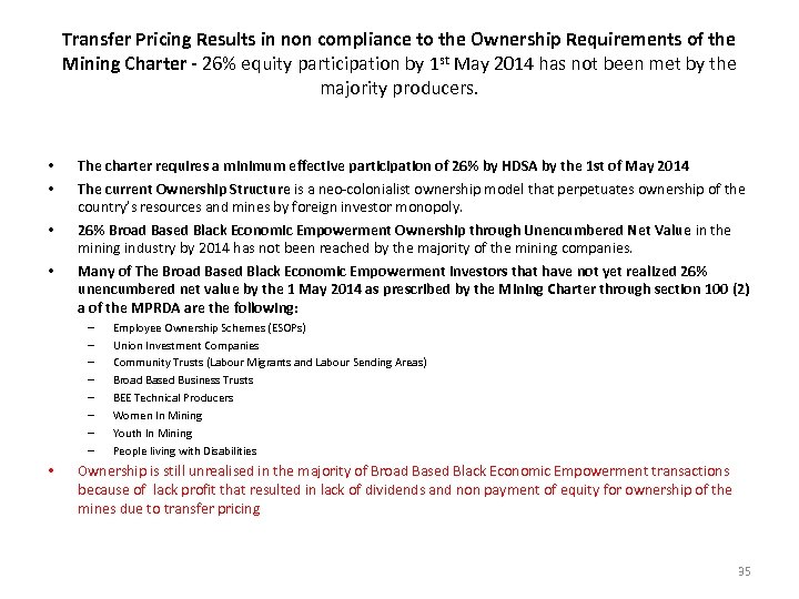 Transfer Pricing Results in non compliance to the Ownership Requirements of the Mining Charter