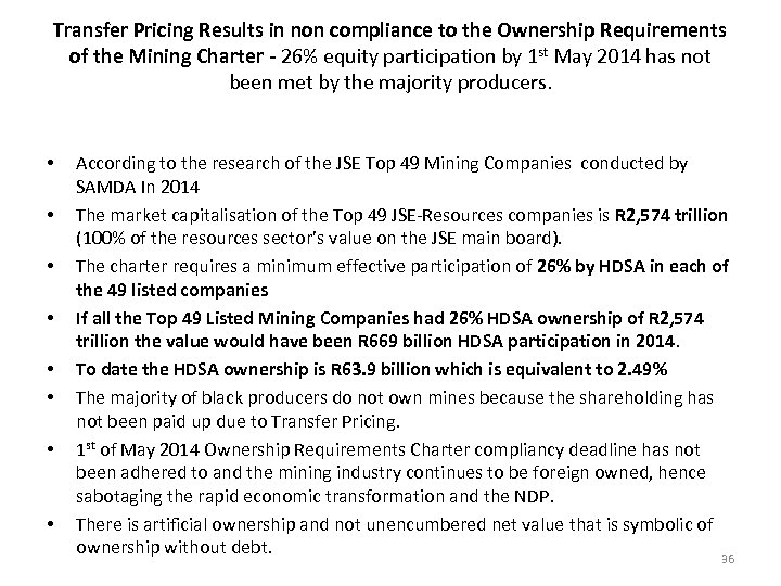 Transfer Pricing Results in non compliance to the Ownership Requirements of the Mining Charter