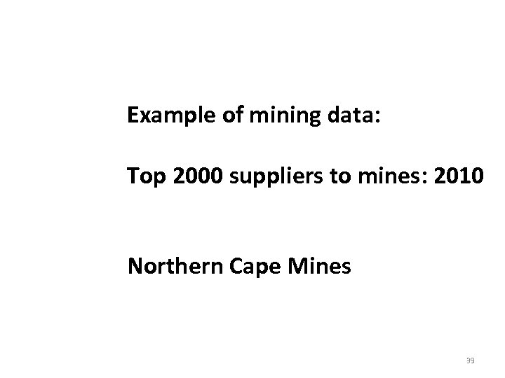 Example of mining data: Top 2000 suppliers to mines: 2010 Northern Cape Mines 39