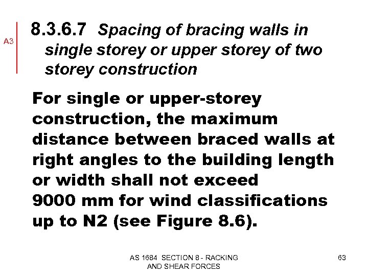 A 3 8. 3. 6. 7 Spacing of bracing walls in single storey or