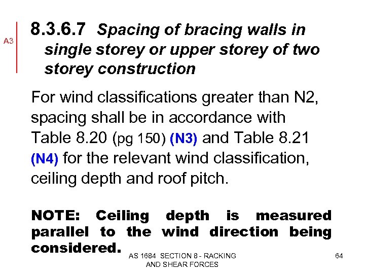 A 3 8. 3. 6. 7 Spacing of bracing walls in single storey or