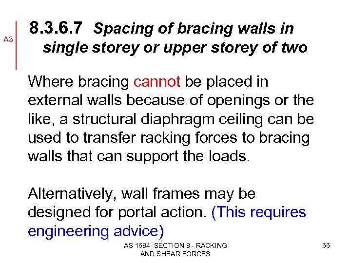 A 3 8. 3. 6. 7 Spacing of bracing walls in single storey or