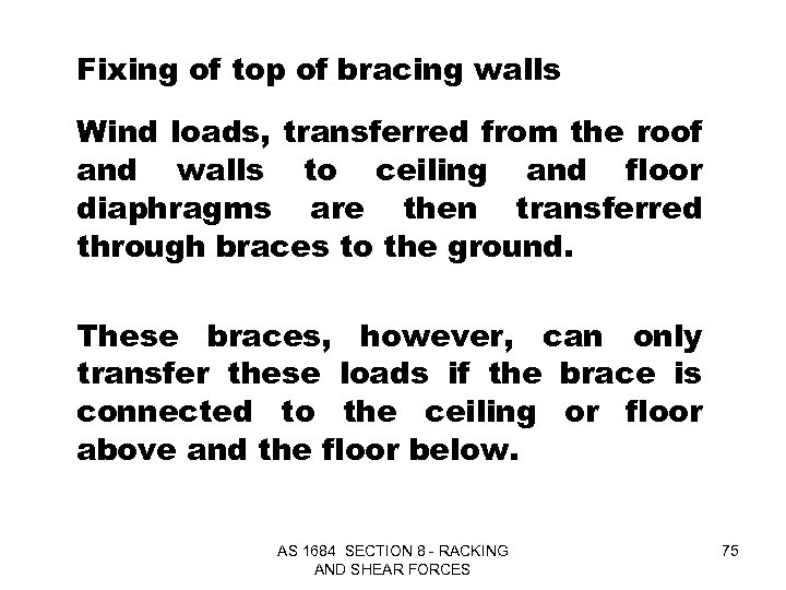 Fixing of top of bracing walls Wind loads, transferred from the roof and walls
