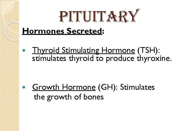 Pit. Uitar. Y Hormones Secreted: Thyroid Stimulating Hormone (TSH): stimulates thyroid to produce thyroxine.
