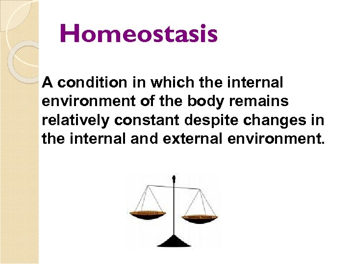 Homeostasis A condition in which the internal environment of the body remains relatively constant