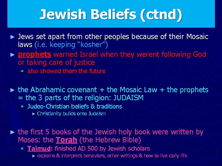 Jewish Beliefs (ctnd) Jews set apart from other peoples because of their Mosaic laws
