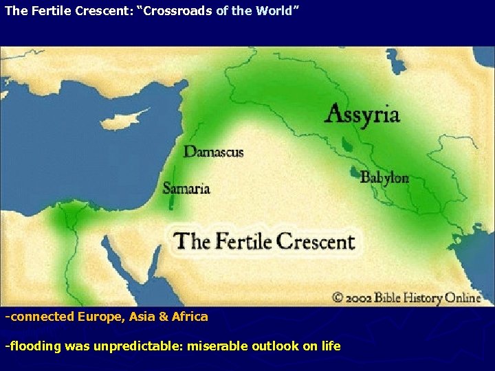 The Fertile Crescent: “Crossroads of the World” -connected Europe, Asia & Africa -flooding was