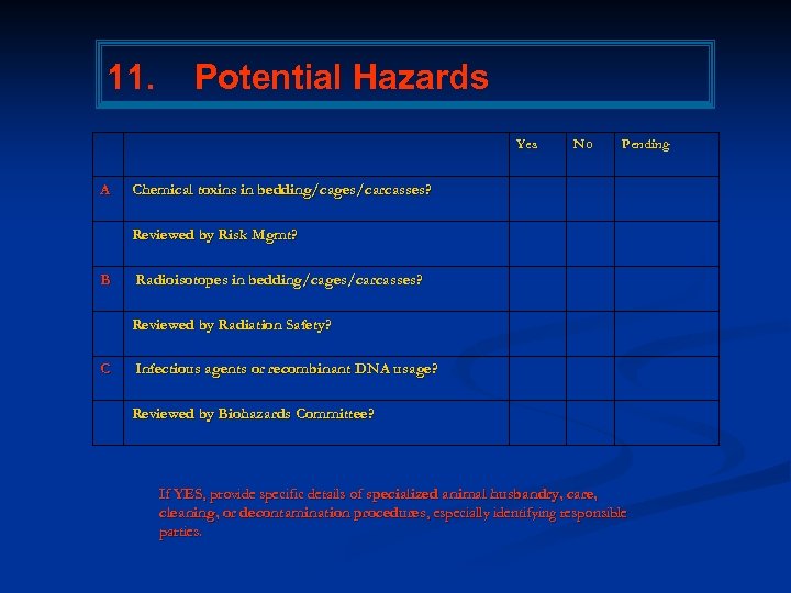 11. Potential Hazards Yes A No Pending Chemical toxins in bedding/cages/carcasses? Reviewed by Risk