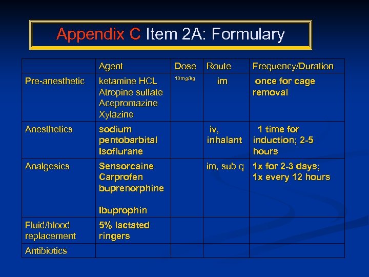 Appendix C Item 2 A: Formulary Agent Dose Route Frequency/Duration Pre-anesthetic ketamine HCL Atropine