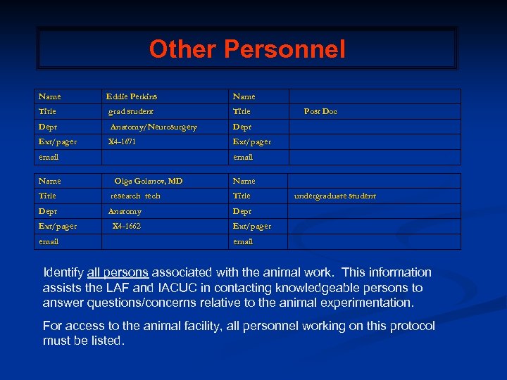 Other Personnel Name Eddie Perkins Name Title grad student Title Post Doc Dept Anatomy/Neurosurgery