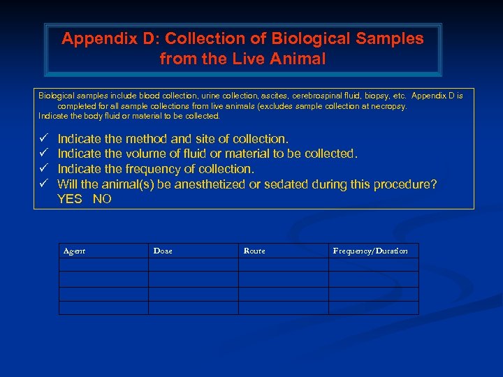 Appendix D: Collection of Biological Samples from the Live Animal Biological samples include blood