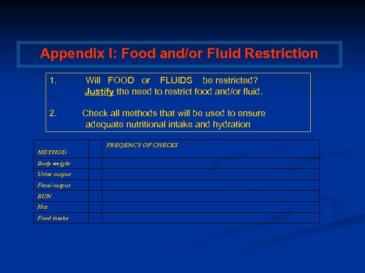 Appendix I: Food and/or Fluid Restriction 1. Will FOOD or FLUIDS be restricted? Justify