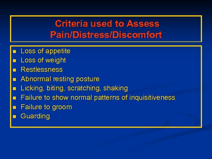  Criteria used to Assess Pain/Distress/Discomfort n n n n Loss of appetite Loss