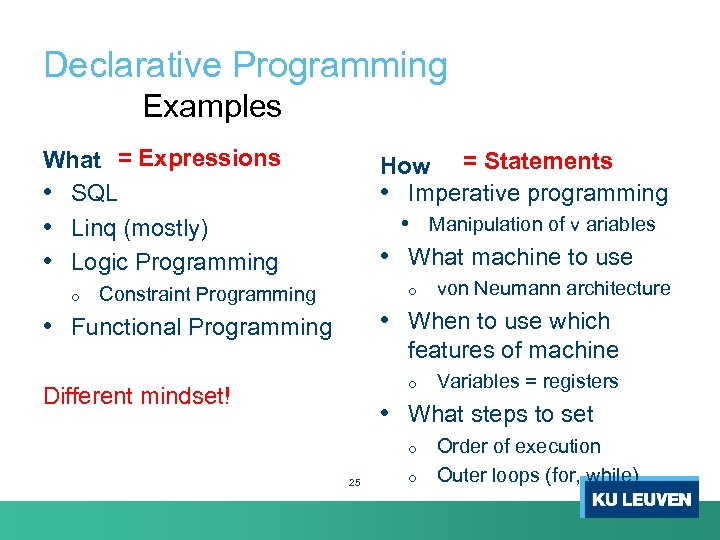 Declarative Programming Examples What = Expressions • SQL • Linq (mostly) • Logic Programming