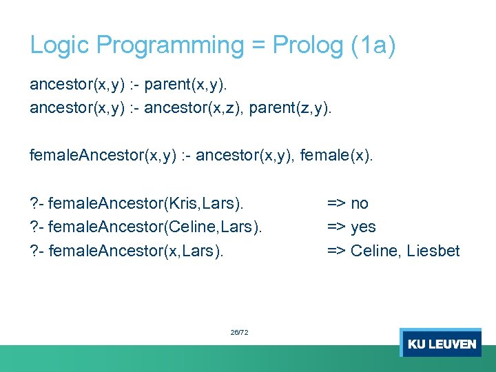 Logic Programming = Prolog (1 a) ancestor(x, y) : - parent(x, y). ancestor(x, y)